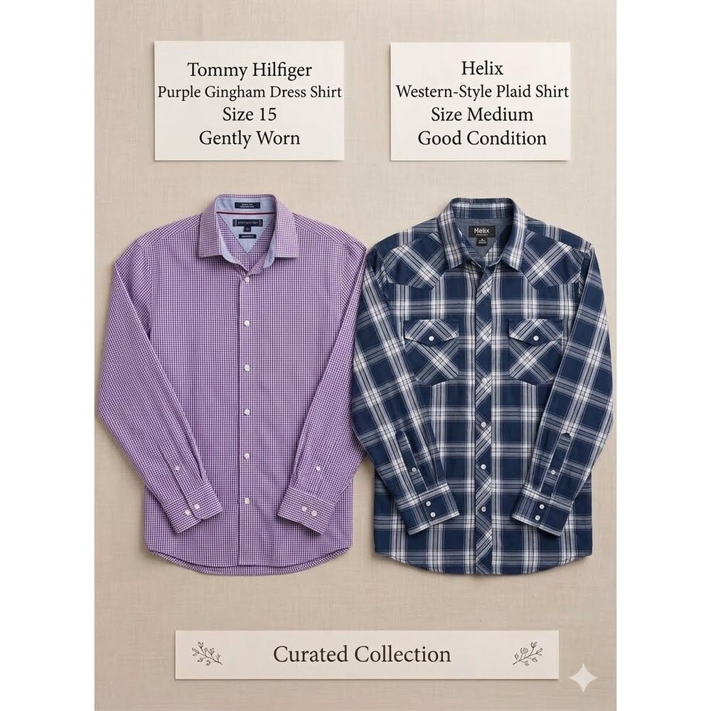 2 Pack LOT! Tommy Hilfiger Men's 15 32-33 Check & Helix Western Button-Up Shirt